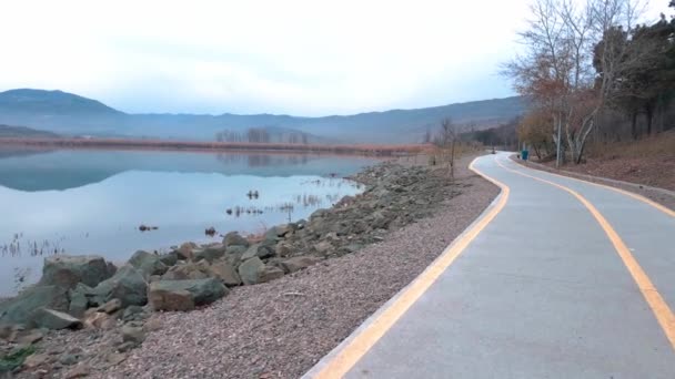 沿着美丽的湖畔走着和骑着自行车走着. — 图库视频影像
