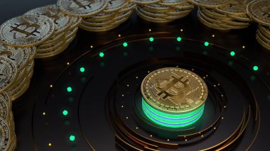 Dijital arkaplanda Bitcoin kripto para birimi sembolü. Finans ve iş 3D görüntüleme. Parlak neon ışıklar, bulanık, bokeh.