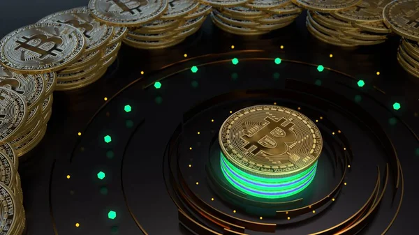Dijital arkaplanda Bitcoin kripto para birimi sembolü. Finans ve iş 3D görüntüleme. Parlak neon ışıklar, bulanık, bokeh.