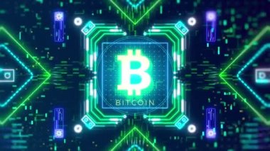 Dijital arka planda Bitcoin para işareti var. Finans ve kripto para birimi videosu.