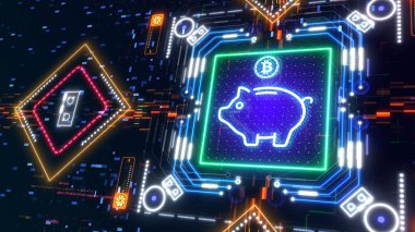 Kripto ve bitcoin için kumbara. Finans ve iş konsepti 3D