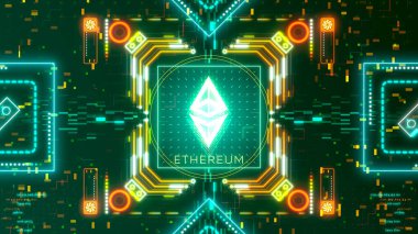 Dijital arkaplanda Ethereum kripto para birimi işareti var. Finansal tema