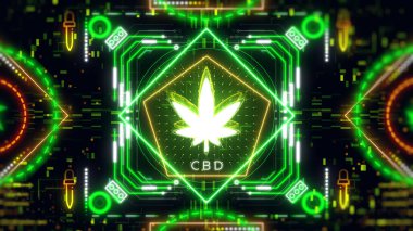 Neon kenevir yaprağı işareti. Esrar bitkisinin geçmişe dönük çizimi.