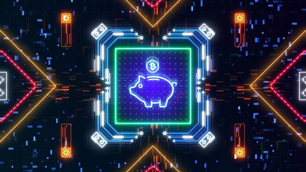 Piggy bank z symbolem bitcoin na abstrakcyjnym cyfrowym tle cyber — Zdjęcie stockowe