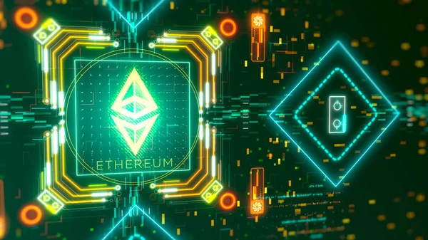 На цифровому фоні символ криптовалют Ethereum. Фінансова тема — стокове фото