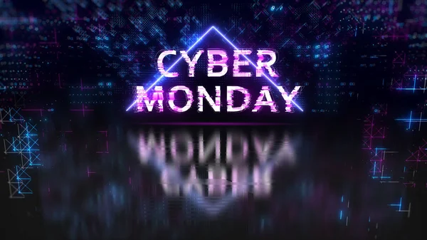 Cyber monday sale glitch neon symbol on abstract futuristic background — Stock Photo, Image