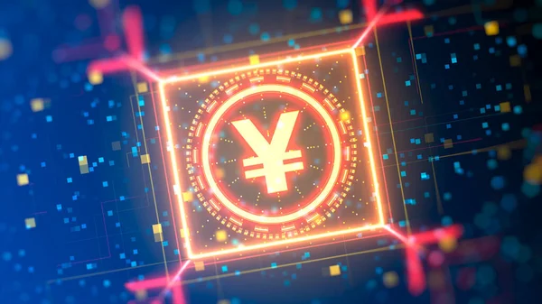 Soyut dijital arkaplanda Yuan para sembolü. Finansal yüksek teknoloji tema arkaplanı