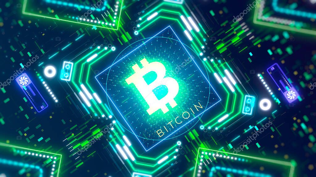 Mining bitcoin token cryptocurrency. Finance and business theme 3d illustration. Glow neon lights, blur, bokeh.
