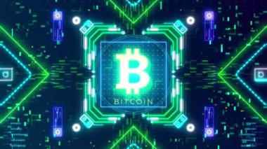 Dijital arkaplanda Bitcoin şifreleme işareti var. Finansal tema