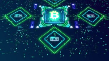 Bitcoin logosu dijital 3D animasyon. Kripto para madenciliği kavramı.