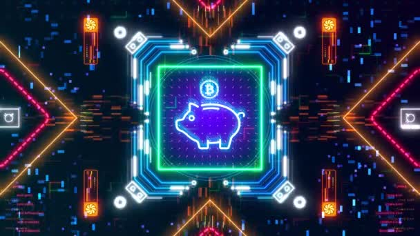 Piggy bank met Bitcoin symbool op abstracte digitale cyber achtergrond — Stockvideo