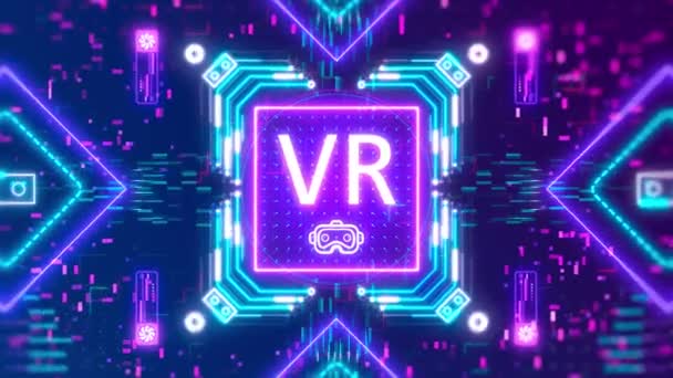 Logótipo do símbolo de jogo VR. Brilhar fundo estilo cibernético neon. Realidade virtual — Vídeo de Stock