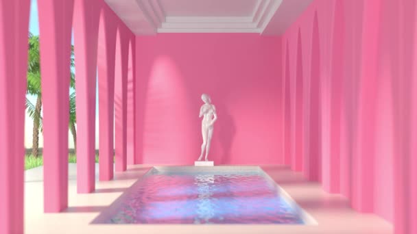 Zwembad op zonnige dag. Moderne design achtergrond met roze en blauwe kleuren. — Stockvideo