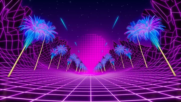 80 'lerin retrodalga neon arka planı. Palmiye ağaçlarıyla alçak polimerli arazide uç.