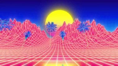 Soyut geçmişe döngü animasyonu. Palmiyeli neon manzara manzarası