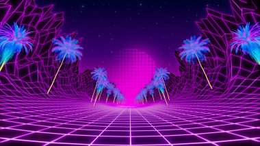 80 'lerin retrodalga neon manzarası. Düşük polimerli arazide tropik palmiyeler. 3d hazırlayıcı