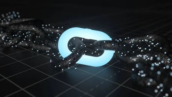 Blockchain concetto di tecnologia. Glow collegamento a catena al neon su sfondo scuro . — Foto Stock