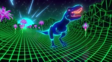80 'lerin eski tarz döngü animasyonu. T-Rex dinozoru neon ormanında yürüyor. Vj