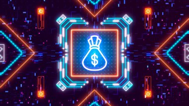 Para çantası sembolü dijital arkaplanda. Para ve iş Çuvalı