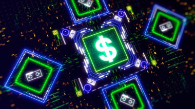 Dijital arka planda Amerikan doları para sembolü. Finans ve iş teması