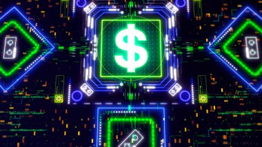 Amerikan doları tabelası fütüristik illüstrasyon. Neon arkaplanda para simgesi