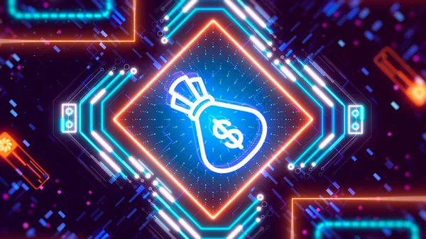 Sack full of money with dollar sign. Digital currency concept background — Stock Photo, Image