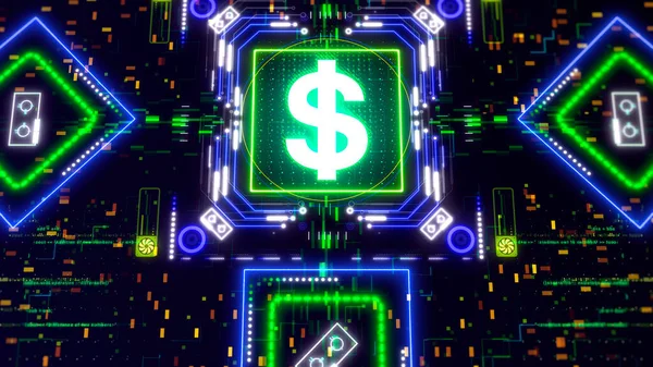 USA dolar pieniądze znak futurystyczny ilustracja. Symbol pieniądza na neonowym tle — Zdjęcie stockowe
