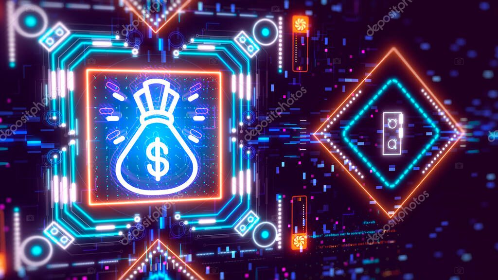 Money Sack symbol on digital background. Finance and business abstract concept. Bag with dollars