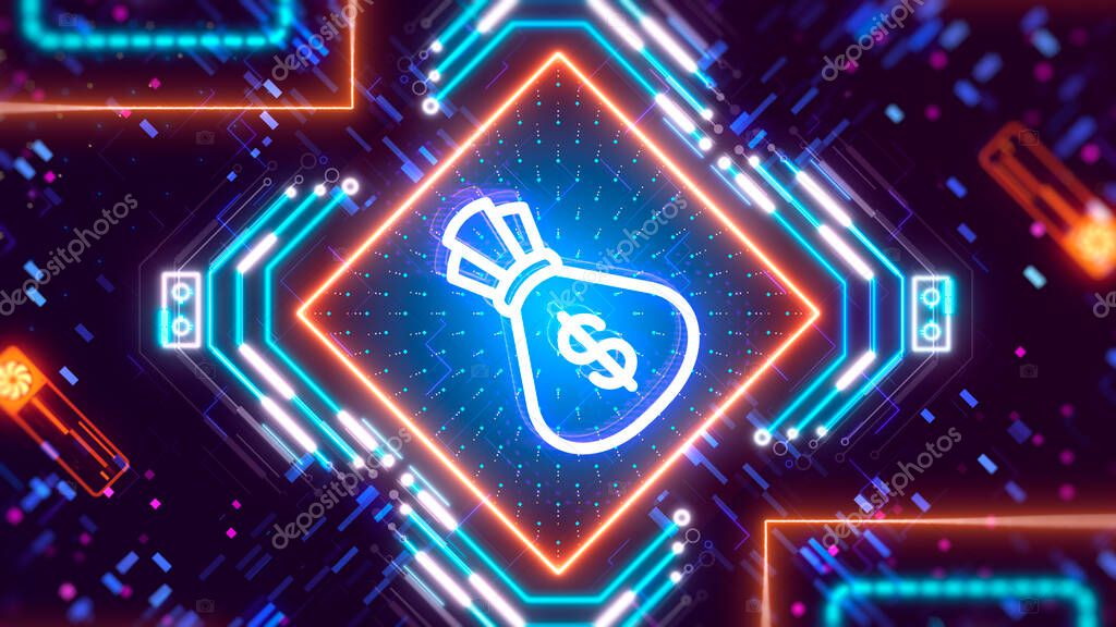 Sack full of money with dollar sign. Digital currency concept background.