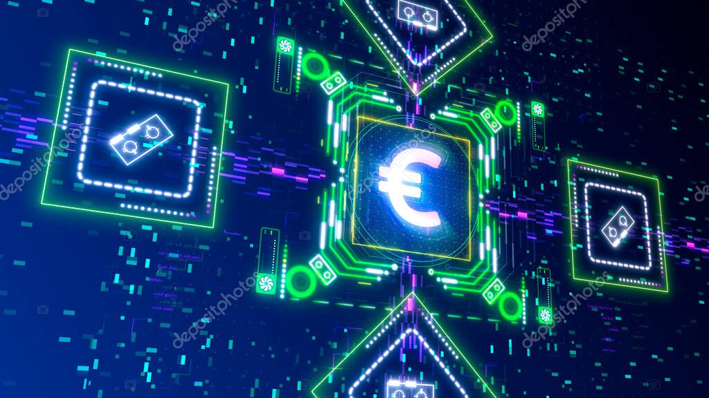 Future of Europe currency concept 3d render. Digital glitch background for business and finance.
