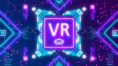 Neon dijital arka planda sanal gerçeklik sembolü animasyonu. VR teknoloji işareti