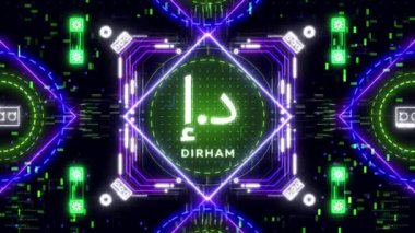 Fütürist neon arka planda BAE Dirham para birimi sembolü. İş teması