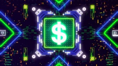 Dijital arka planda dolar para sembolü animasyonu. Finans ve iş.