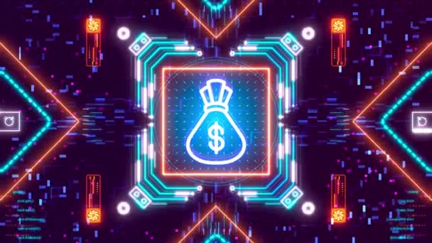 Σύμβολο τσαντών χρημάτων σε ψηφιακό υπόβαθρο. Χρηματοοικονομική και επιχειρηματική τσάντα με δολάριο — Αρχείο Βίντεο