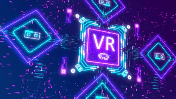 Animace symbolu VR na neonovém digitálním pozadí. Technologický znak virtuální reality — Stock video