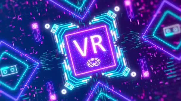 Анімація символів гарнітури віртуальної реальності на цифровому фоні. технології VR — стокове відео