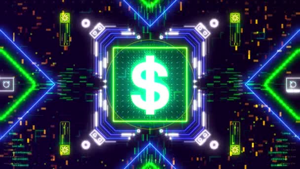 달러 화폐 상징 애니메이션 이 디지털 배경 위에 있습니다. 재정 과 사업. — 비디오