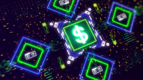 Animación símbolo del dólar de los Estados Unidos. Finanzas y negocios tema de seguridad cibernética — Vídeos de Stock