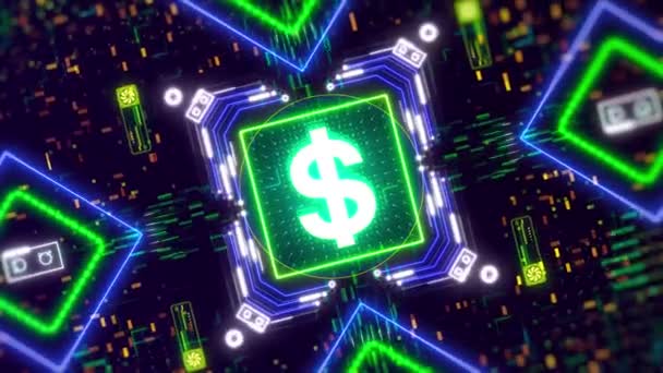 Animace symbolu financování digitálních peněz. Značka amerického dolaru na kybernetickém pozadí — Stock video