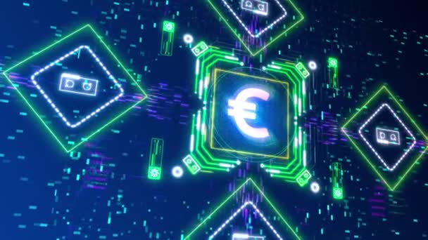 Анимация валютной концепции будущего Европы. Цифровой глюк для бизнеса и финансов — стоковое видео