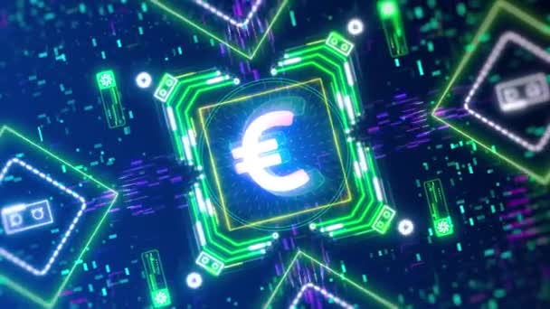 Η έννοια του σήματος εξόρυξης χρήματος του ευρώ. Βίντεο θέματος ασφαλείας στον κυβερνοχώρο υψηλής τεχνολογίας. — Αρχείο Βίντεο