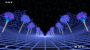 Retro vhs tarzı arkaplan. Eski bilgisayar tropik ağaçlarla kaplı bir manzara oluşturdu