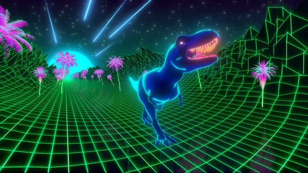 Anii 80 fundal tapet stil retro. Dinozaurul T-Rex trece printr-o junglă de neon — Fotografie, imagine de stoc