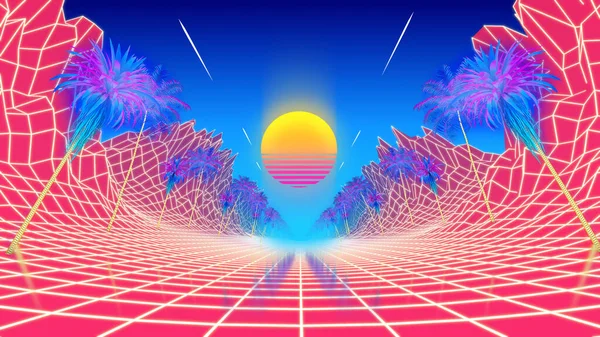Colorful retrowave background with tropical low poly landscape. Trendy 3d render — Stock Photo, Image