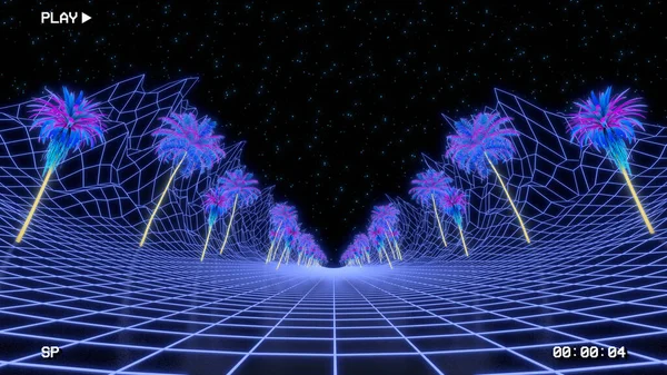 Retro vhs style background. Old computer generated landscape with tropic trees — Stock Photo, Image