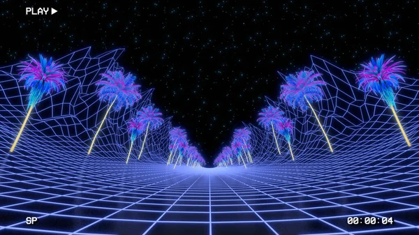 Retro vhs tarzı arkaplan. Eski bilgisayar tropik ağaçlarla kaplı bir manzara oluşturdu