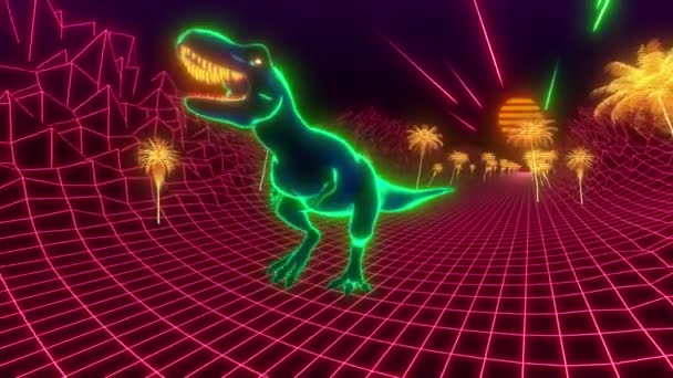 Анимированная тропинка тираннозавра. Neon diner 3d render. Retmicrowave style — стоковое видео