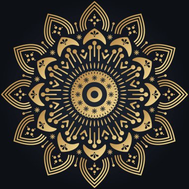 Siyah arka planda altın çiçekli süs mandala. Vektör halk illüstrasyonu.