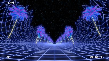 Retro vhs tarzı arkaplan. Tropik ağaçlarla kaplı neon manzarası. 3d illüstrasyon