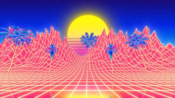 Retro wave neon background. Abstract tropical landscape with palms trees.